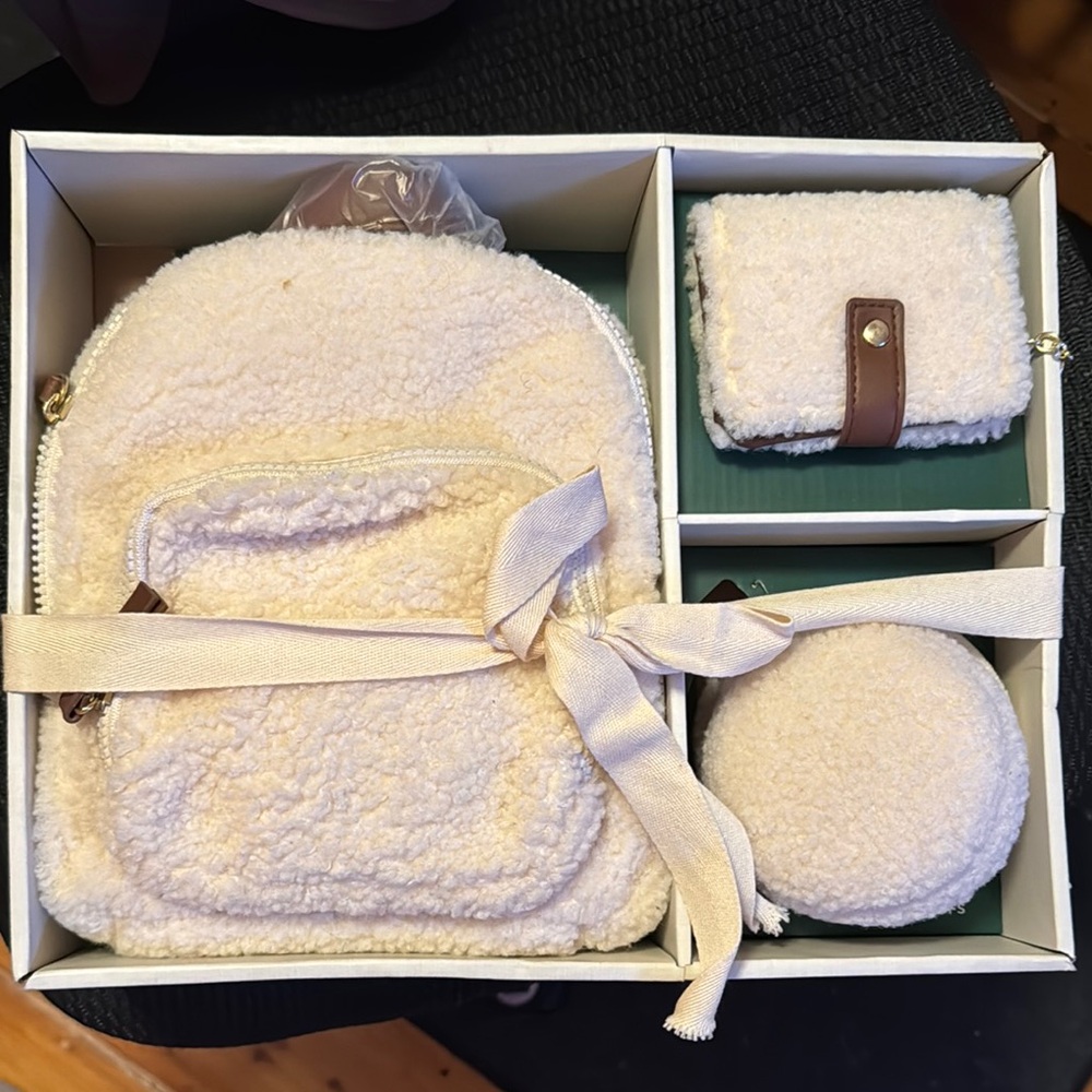 3-Piece Cream Sherpa Convertible Backpack and Accessories Set